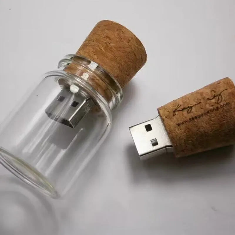 Wooden wish drift bottle shaped USB flash drive with transparent casing on display.