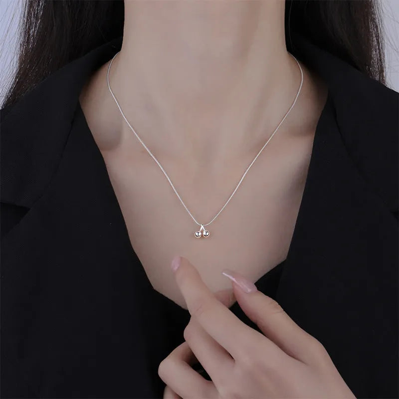 Silver cherry necklace with adjustable snake bones chain and Korean style design