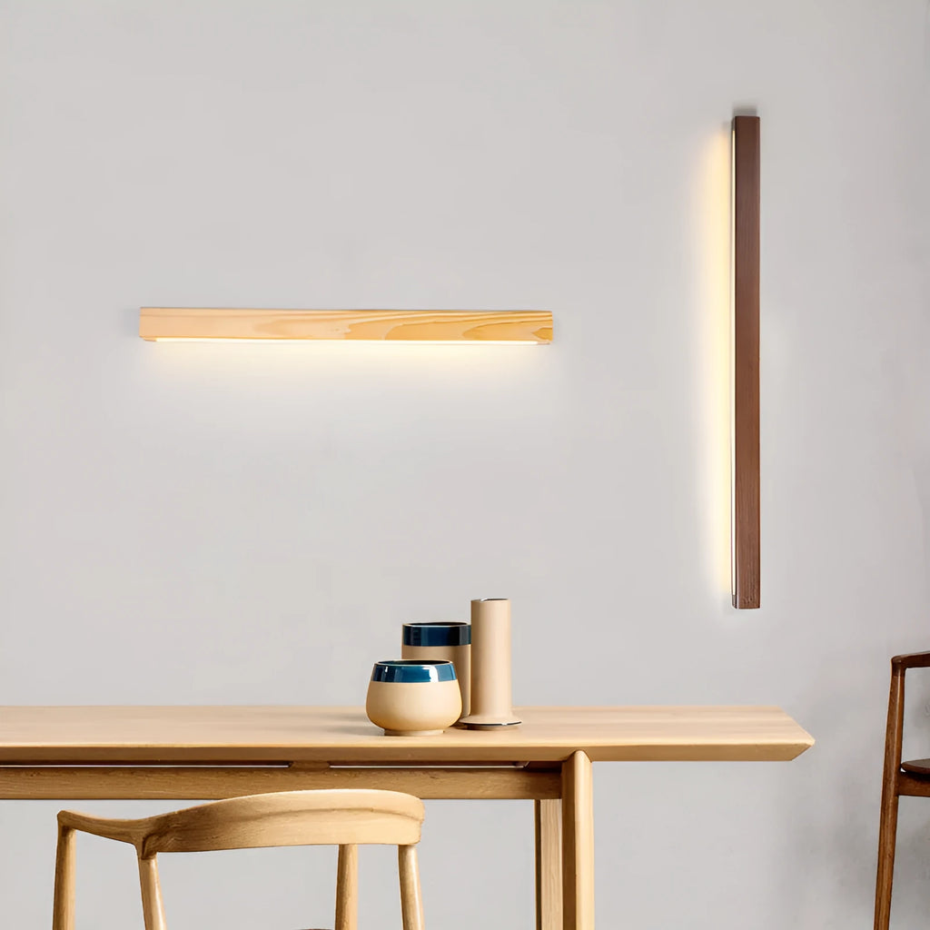 Walnut colour wood log strip wall lamp with minimalist design in three length options