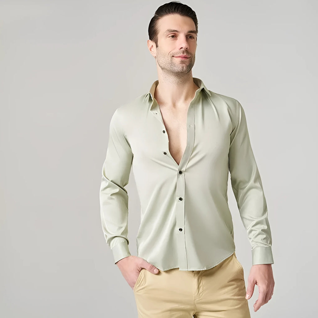 Men's long sleeve stretch work shirt in polyester fabric showing front view