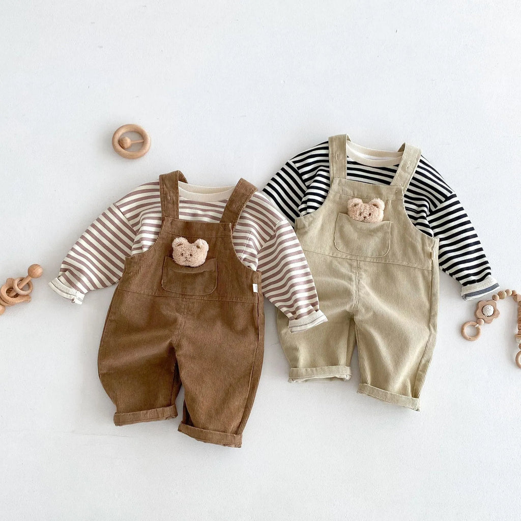 Boys' corduroy cotton bear suspender overalls in apricot solid colour spring autumn wear
