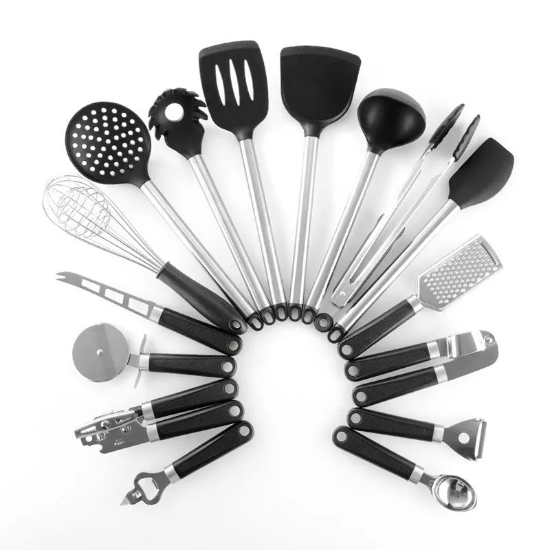 Black silicone kitchen spatula spoon set with stainless steel handles, 16 pieces for cooking and baking