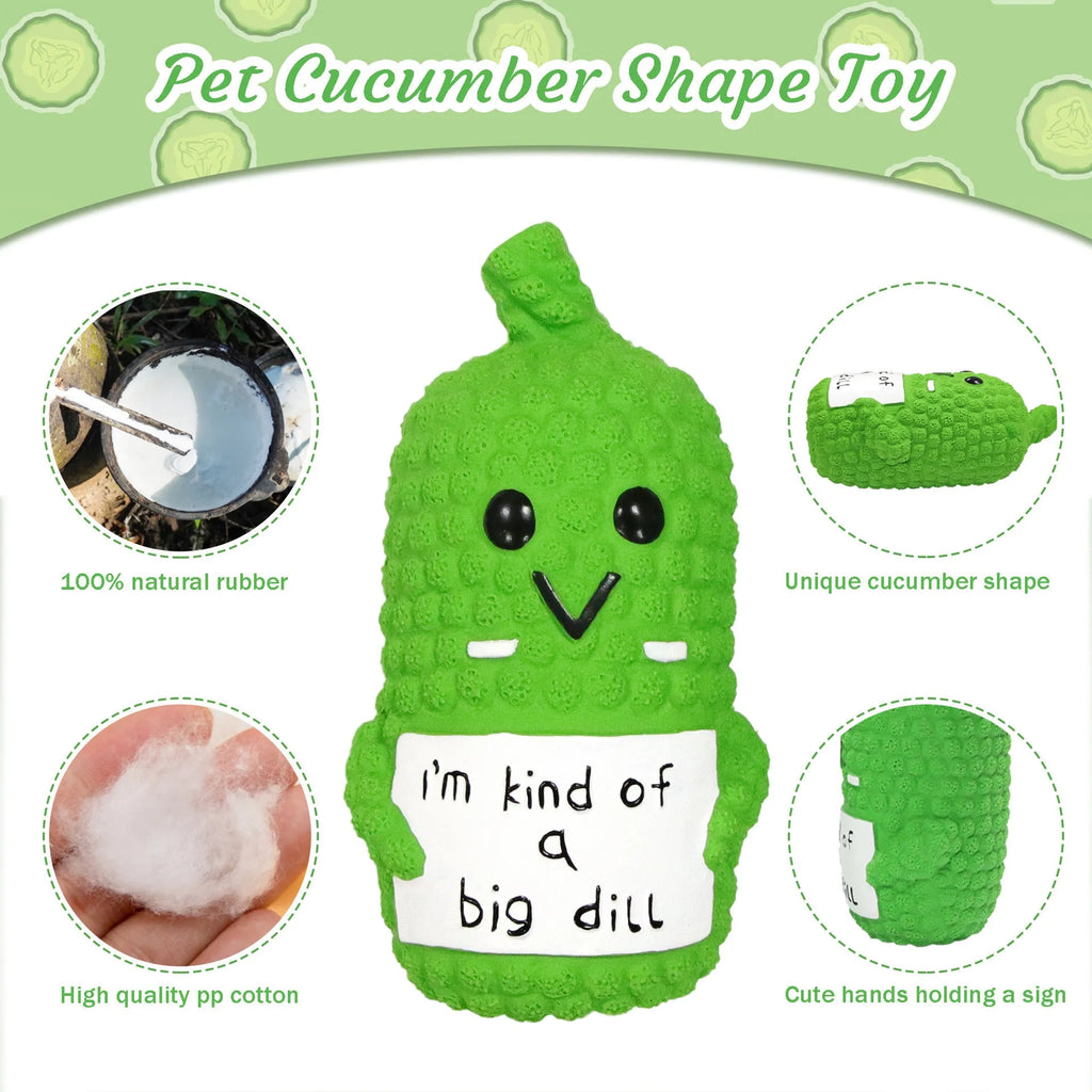 Green latex pickle squeaky dog toy with textured exterior for teeth cleaning