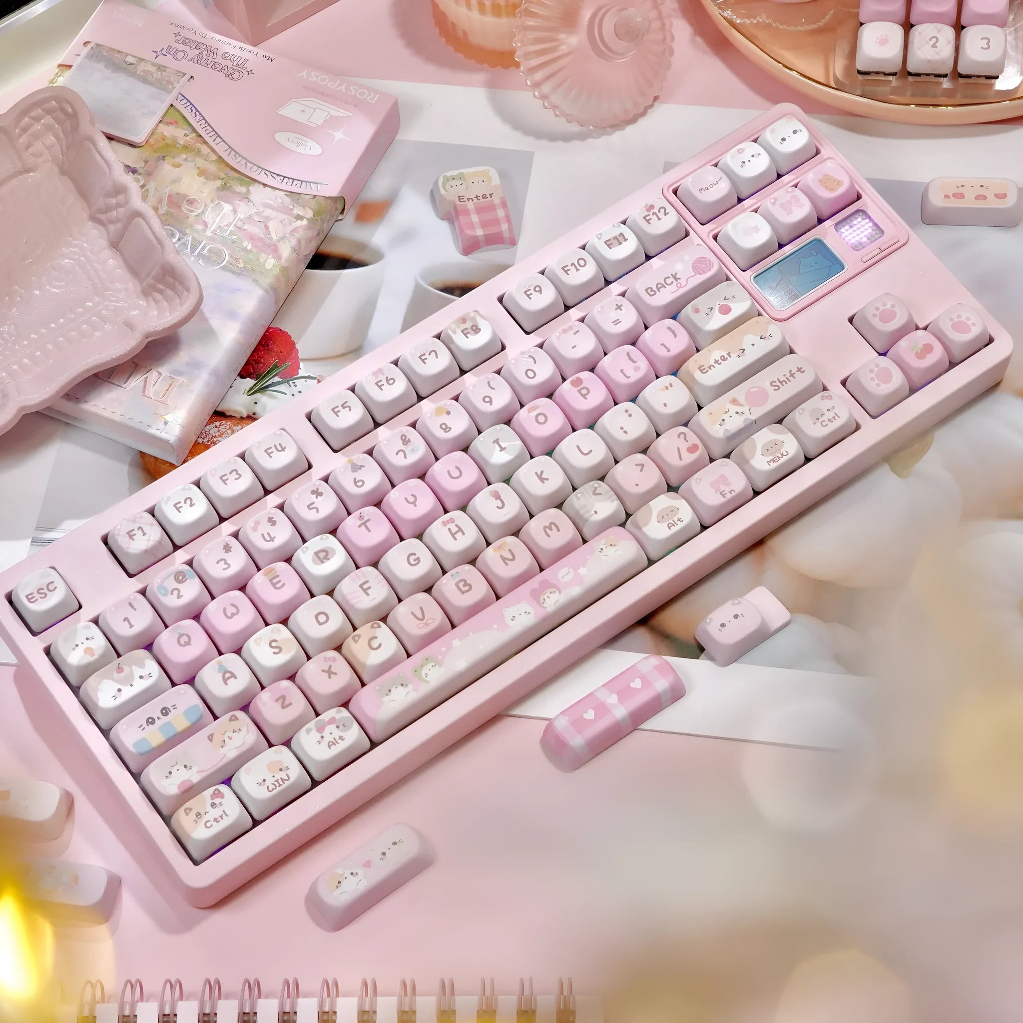 MOA height pink plastic keycap set with cartoon design on all five sides