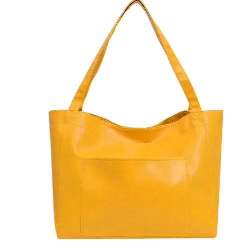 Large capacity oil wax PU tote bag for women in retro style, 40x13x32cm, brown colour