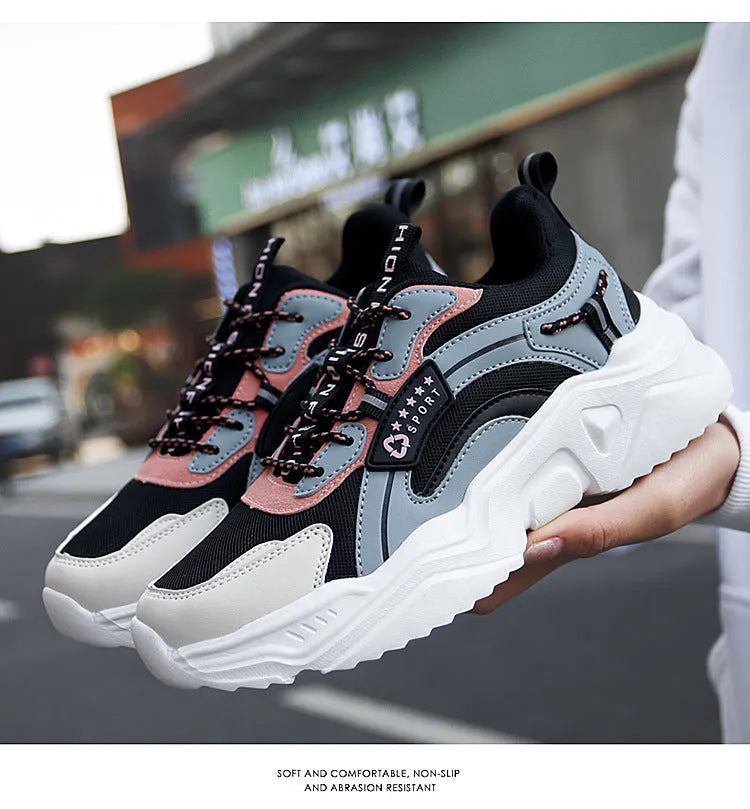 Women's white mesh sports shoes with buckle closure and round toe