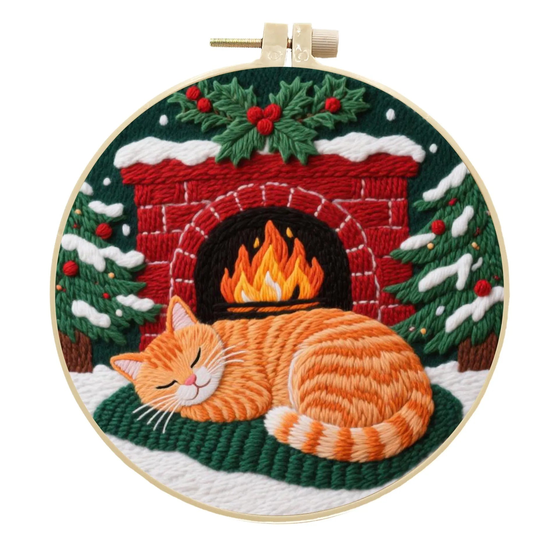 DIY embroidery material kit showing cat and autumn fruit pattern on cotton linen fabric with optional bamboo hoop and scissors.