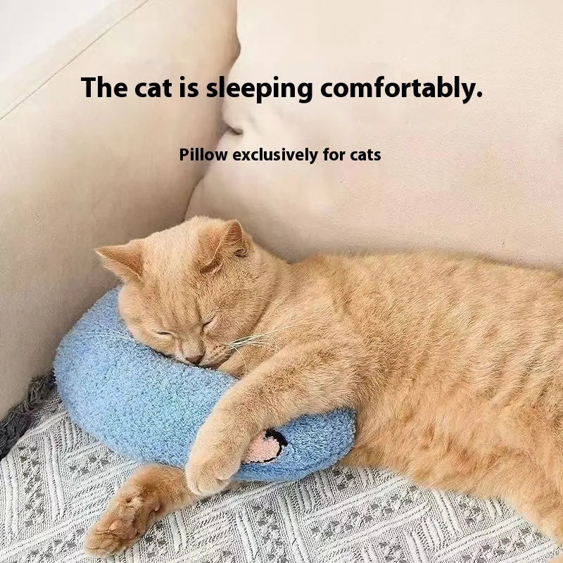 Blue U-shaped pet pillow for cat neck support with moon design on cloth material