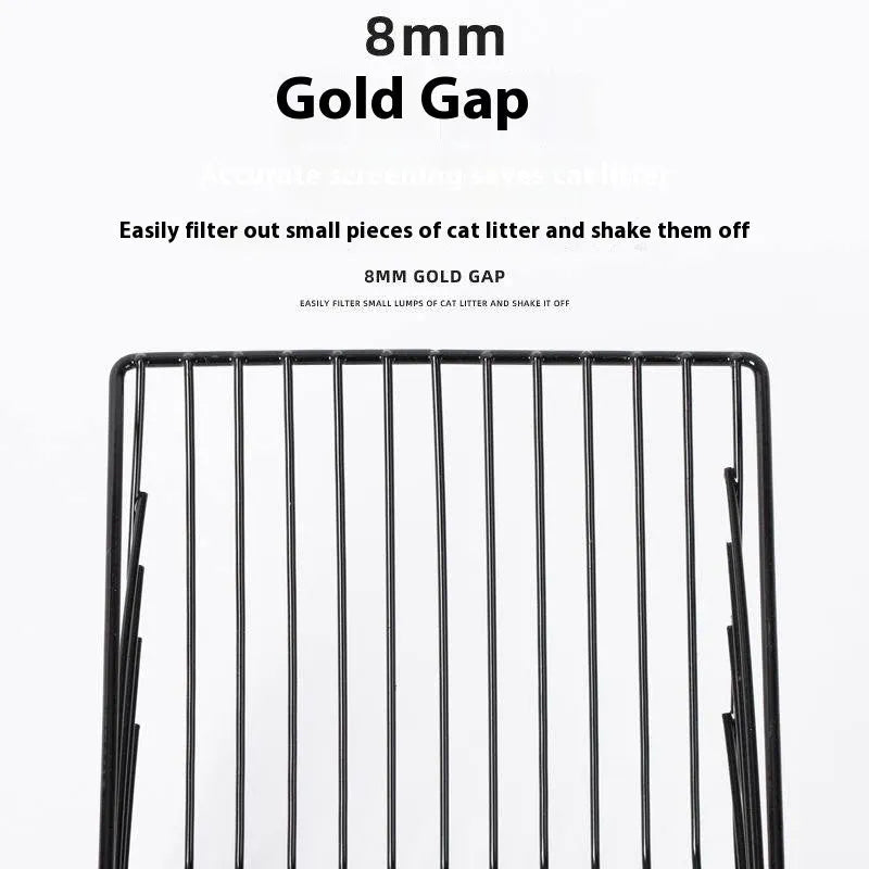 Black metal cat litter scoop with narrow tine spacing for efficient waste removal from litter trays