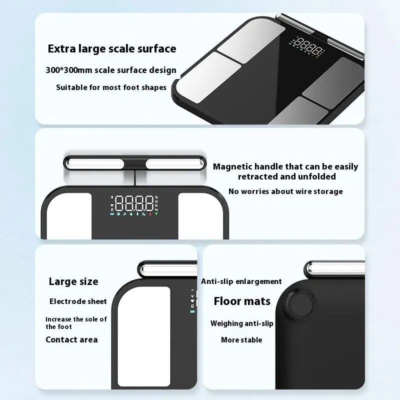 Black electronic health scale with tempered glass platform displaying body composition analysis on colour screen