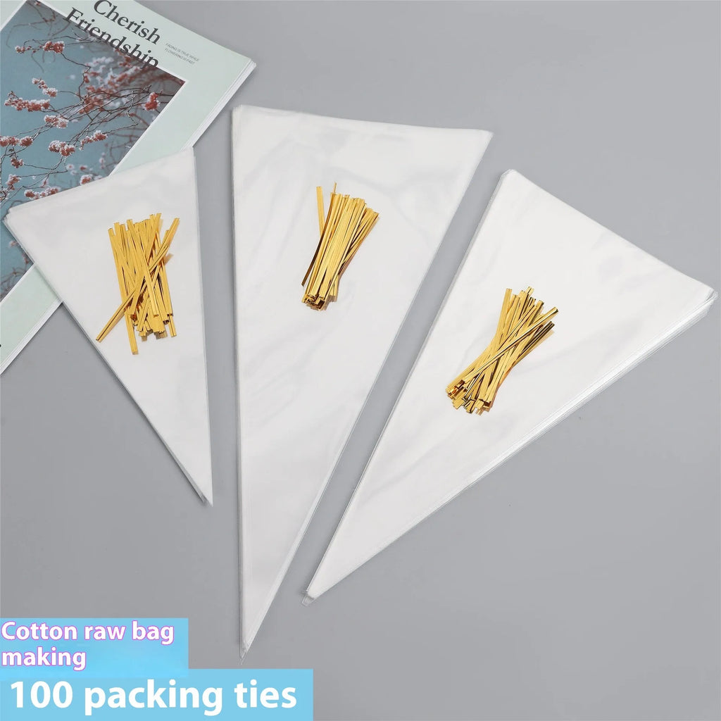 Transparent triangle plastic gift bags with built-in tie wire closures in three different sizes