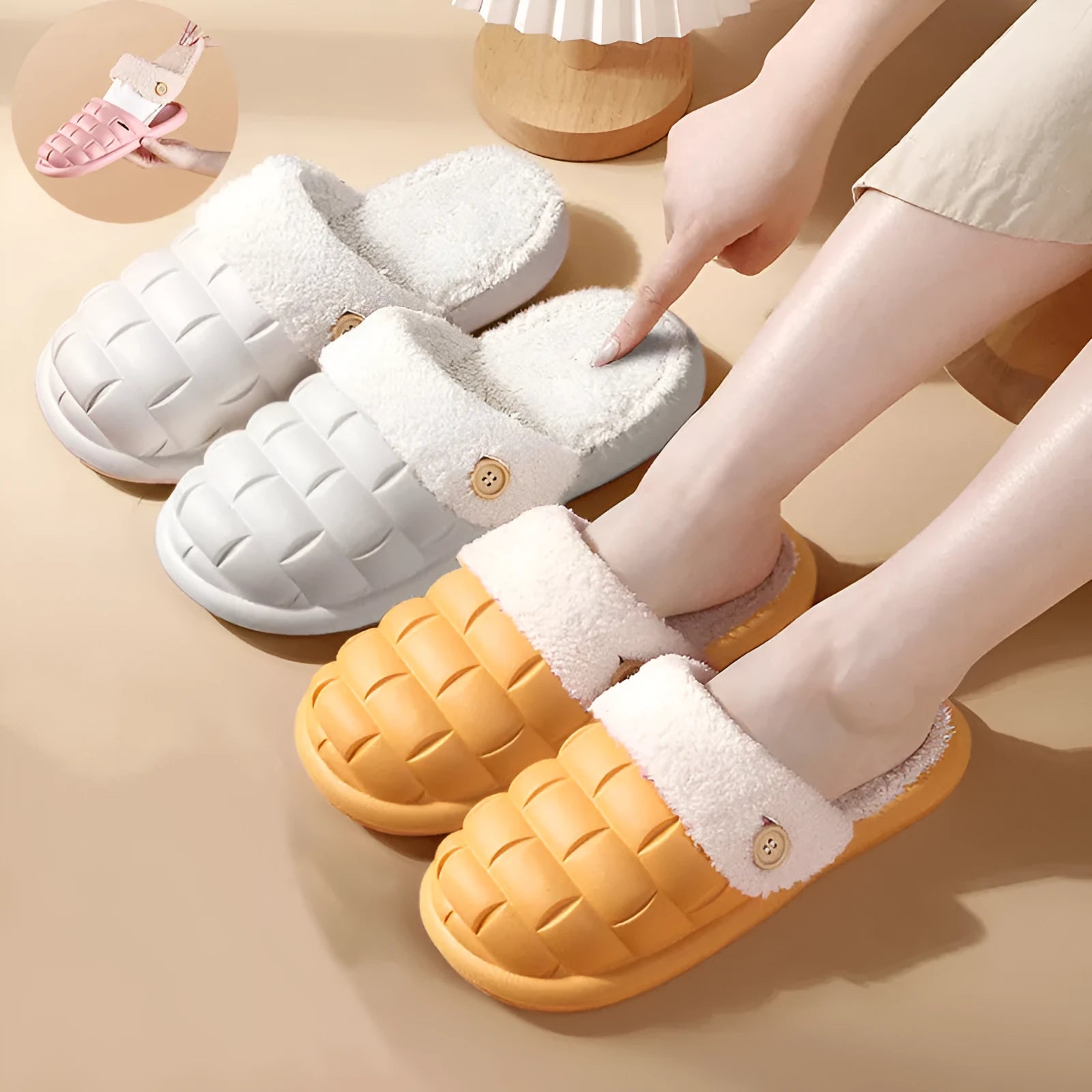 Plaid detachable EVA house slippers with plush lining, shown in assorted colours.