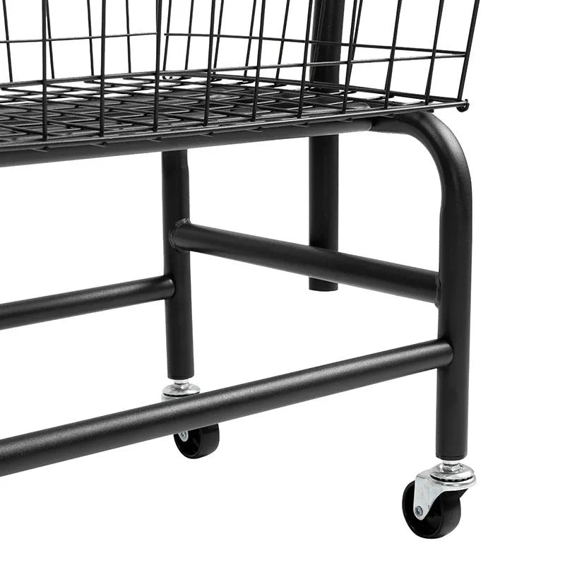 White single rod iron pulley storage car on wheels with clothes hangers.