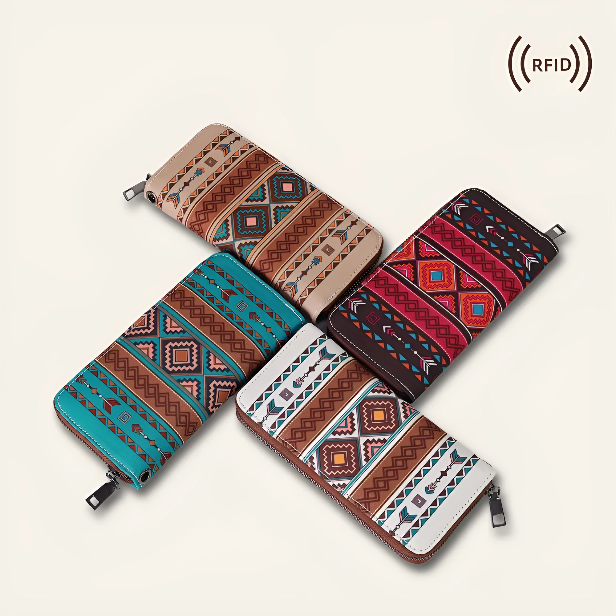 Bohemian stripe pattern RFID blocking canvas wallet in beige, black and red, blue and khaki colours