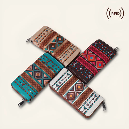Bohemian stripe pattern RFID blocking canvas wallet in beige, black and red, blue and khaki colours