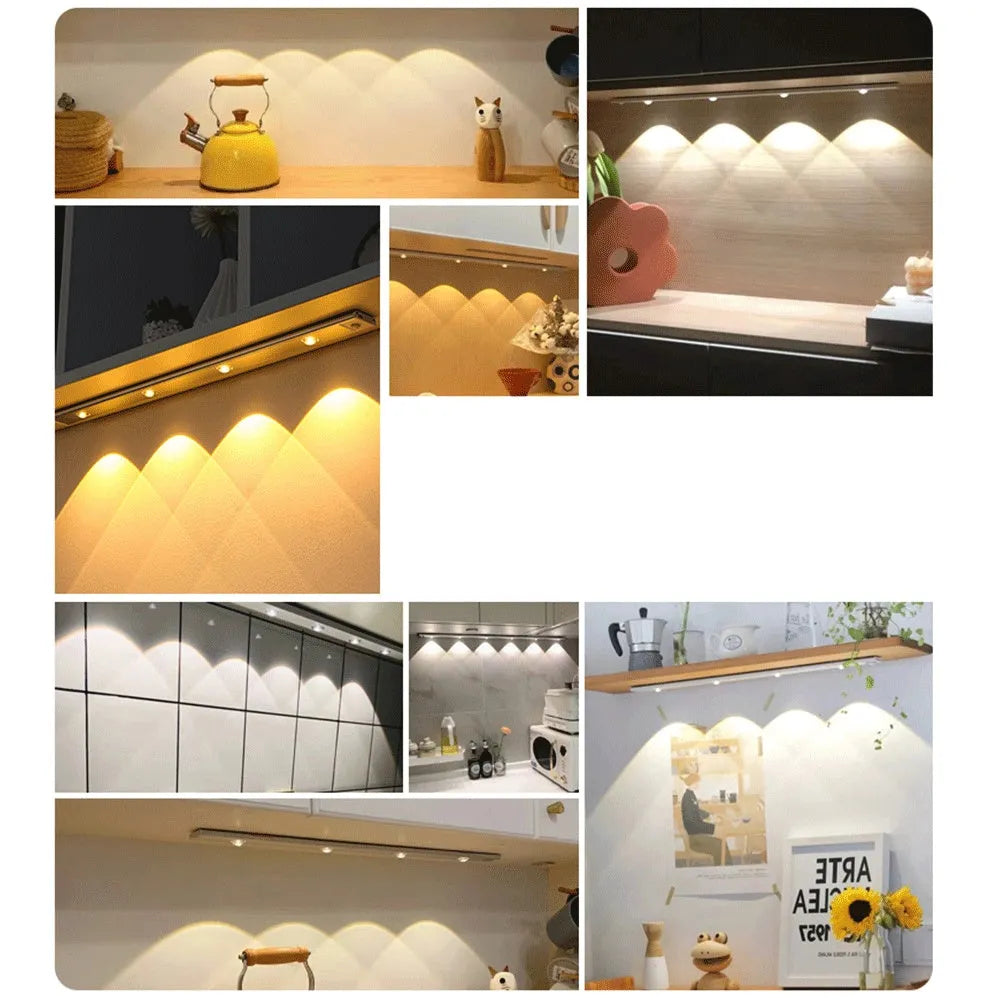 Thin silver aluminium USB rechargeable LED light strip with motion sensor for cabinet mounting