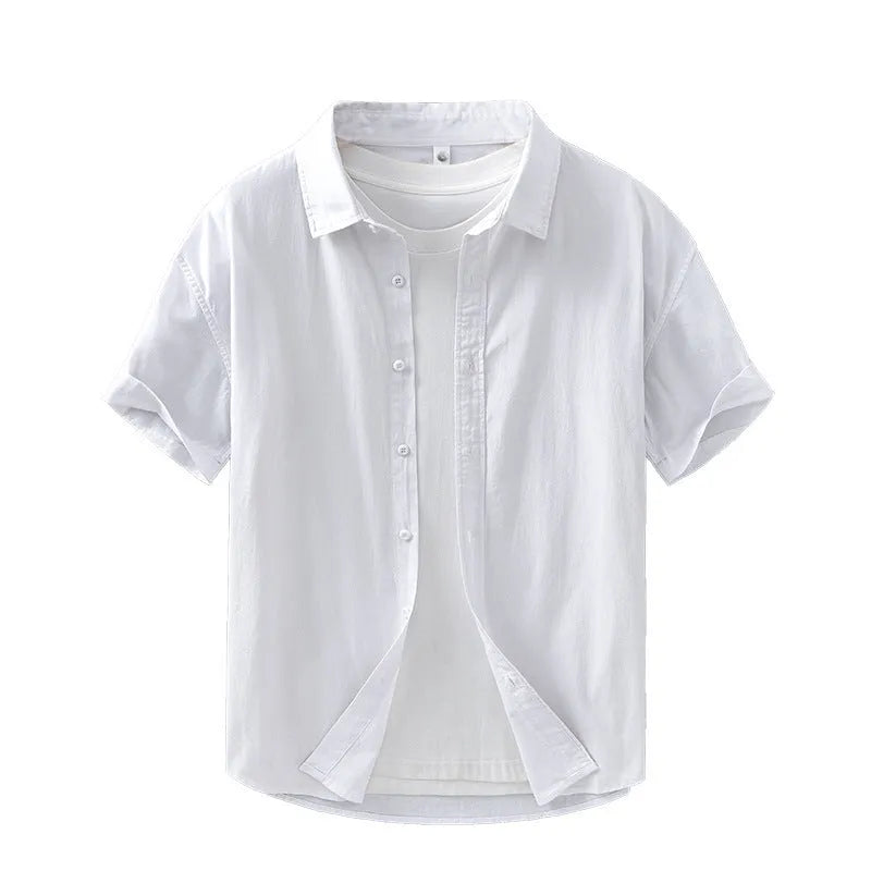 Men's casual short-sleeved pure cotton shirt in white, loose cardigan style