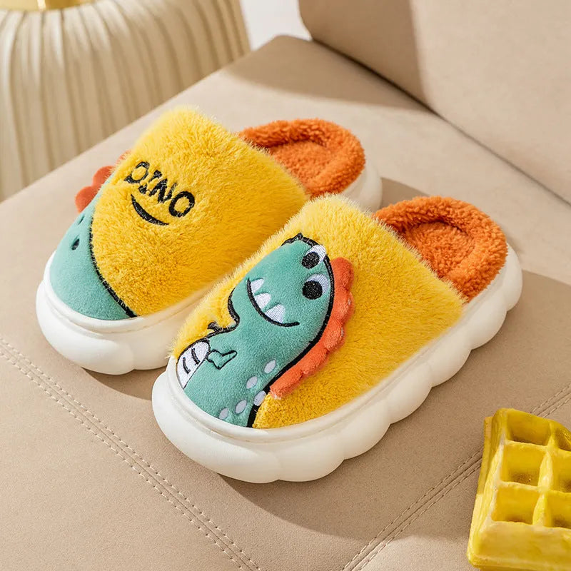 Plush cotton couple slippers with dinosaur designs in grey, coffee, and orange colours