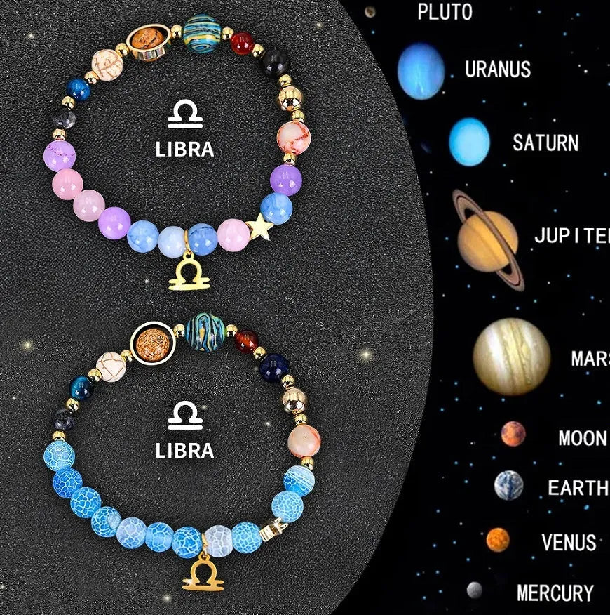 Two natural stone beaded bracelets showing zodiac sign designs on a wooden surface.