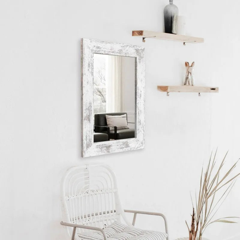Wall-mounted pastoral style dressing mirror with retro Chinese frame in white finish