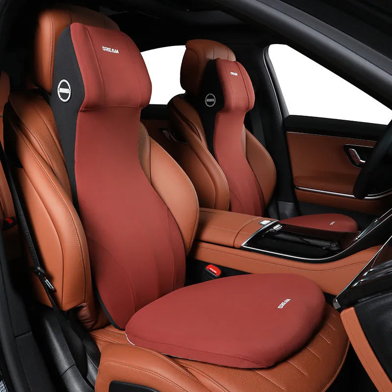 Automotive memory foam cushion with integrated headrest and lumbar support in multiple colour options