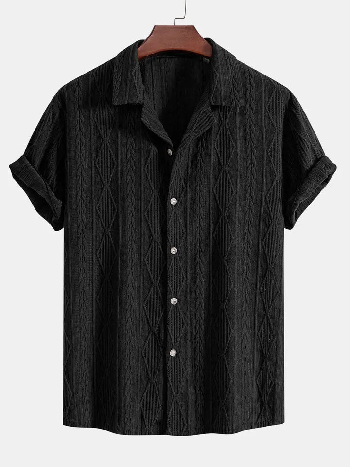 Men's loose-fit short sleeve cardigan in polyester fabric shown in solid colour options