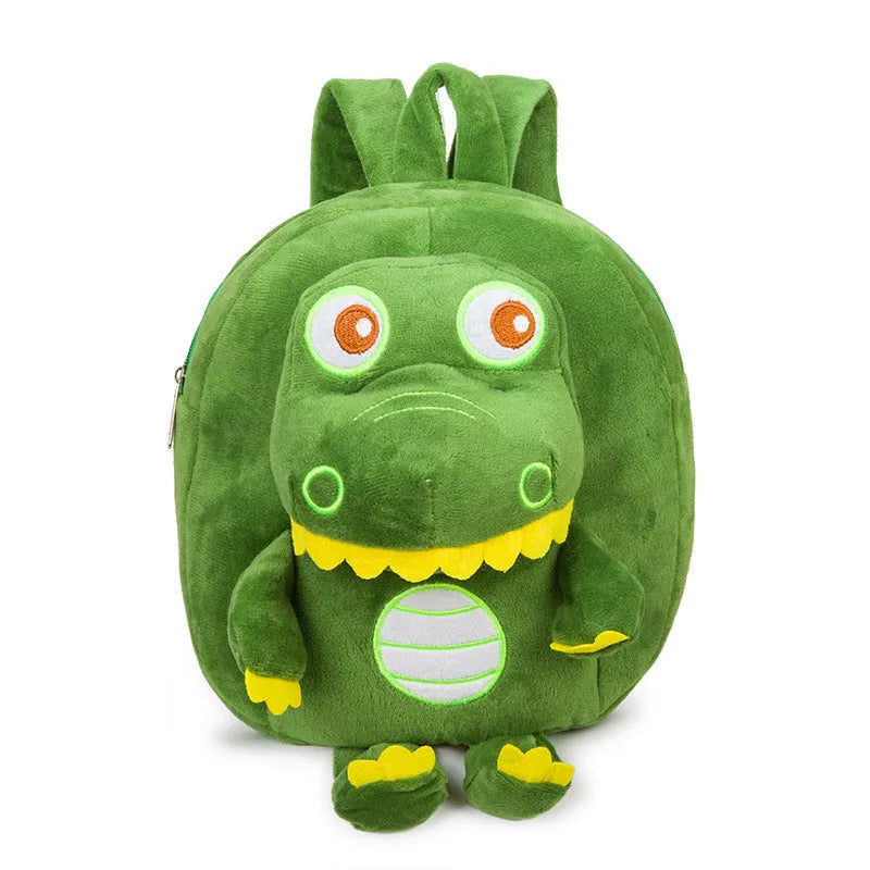 Children's dinosaur plush backpack with embroidery detail and soft handle in blue colour option