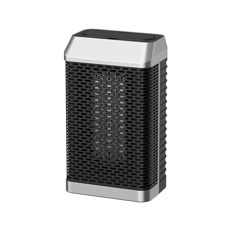 Black remote control desktop heater showing compact size and front control knob.