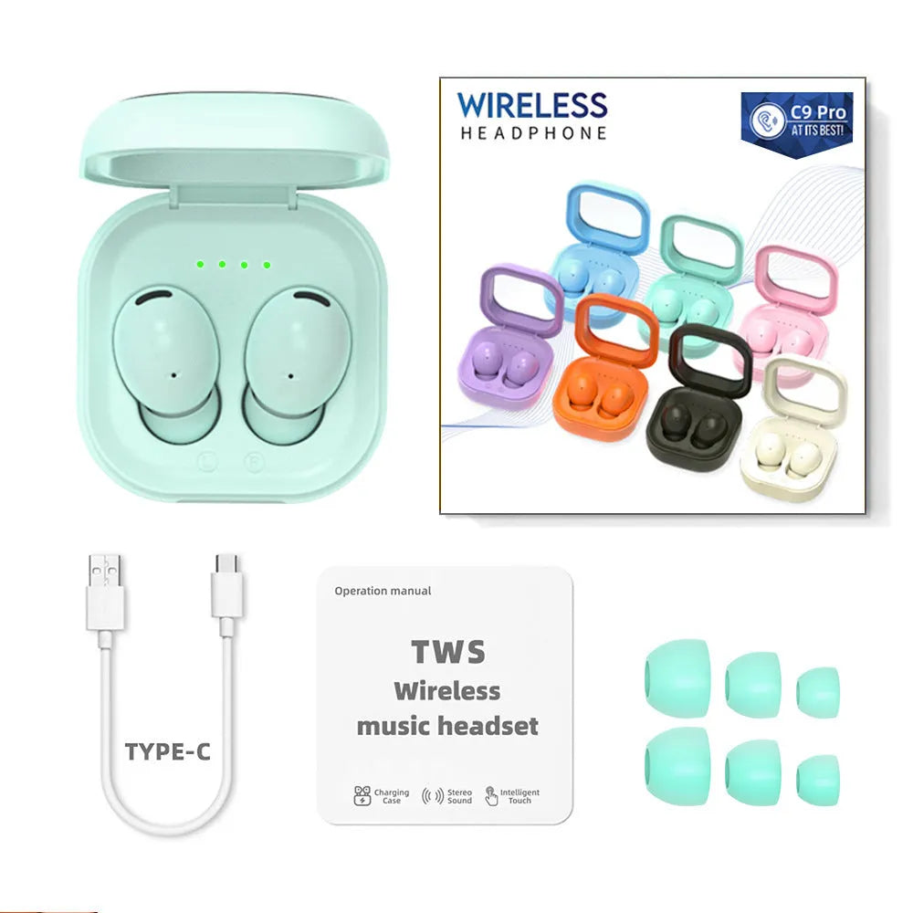 C9 Pro Bluetooth headset with translucent charging bin in a colour option