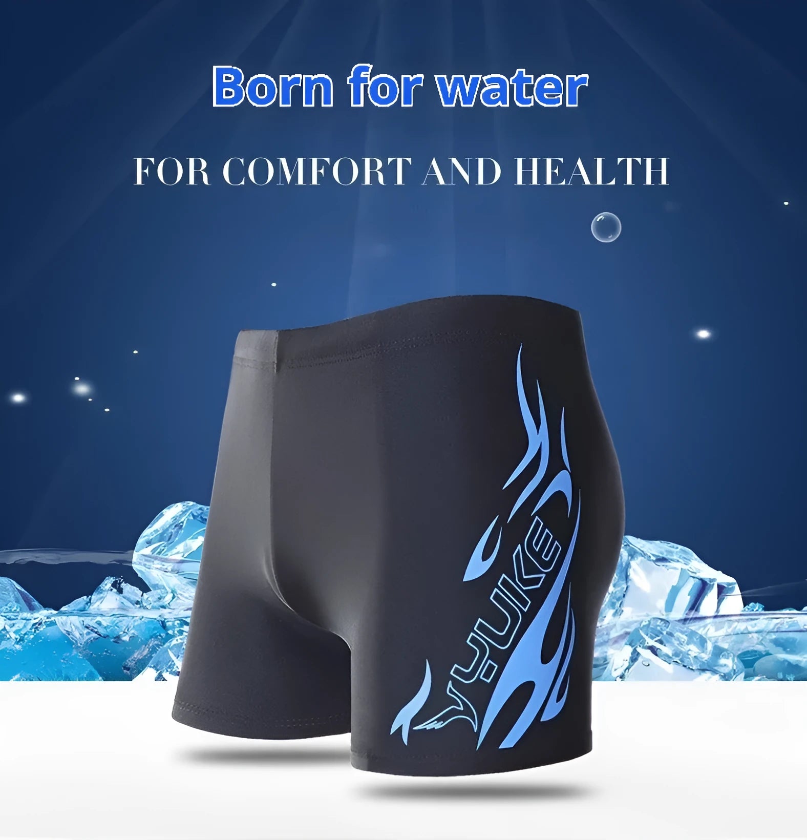 Men's boxer style swimming trunks in blue fire pattern on black background