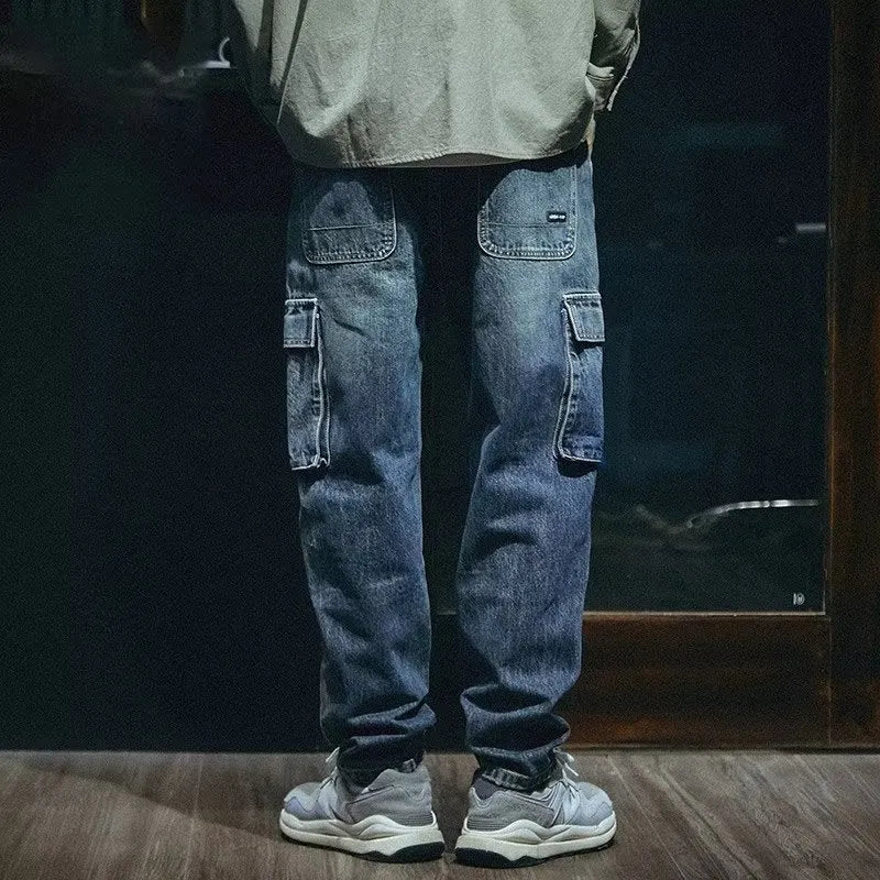 Men's blue loose straight retro jeans with stretch denim fabric and zip fly closure