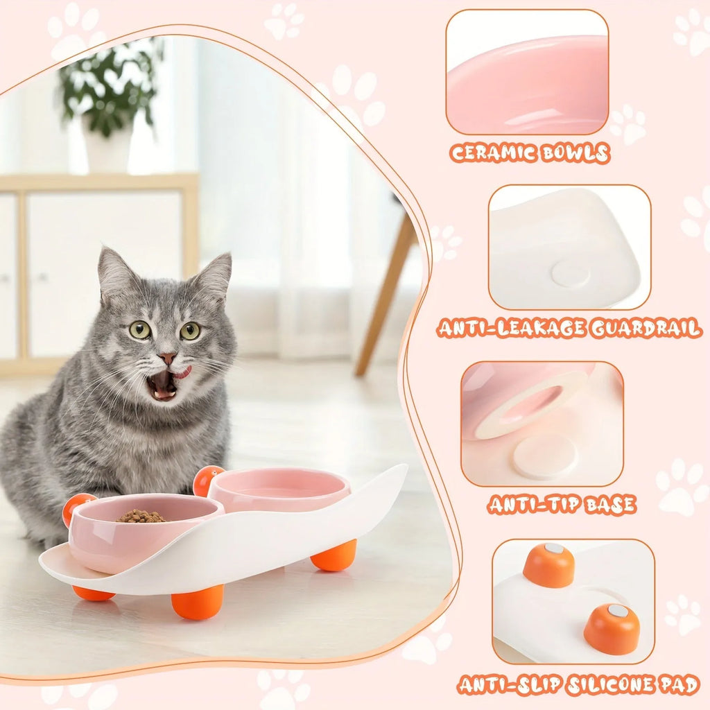 Elevated ceramic double bowl set for pets in pink, yellow or pink yellow with non-slip base