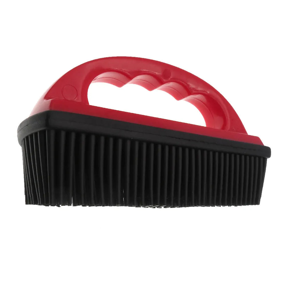 Red pet hair removal brush measuring 160mm by 85mm for bath massage and carpet cleaning