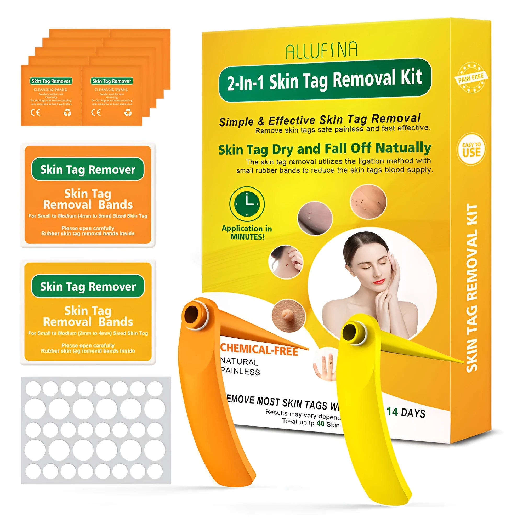 Orange-yellow mole remover tool set with two devices, rubber rings, cones, alcohol swabs, and repair sticker