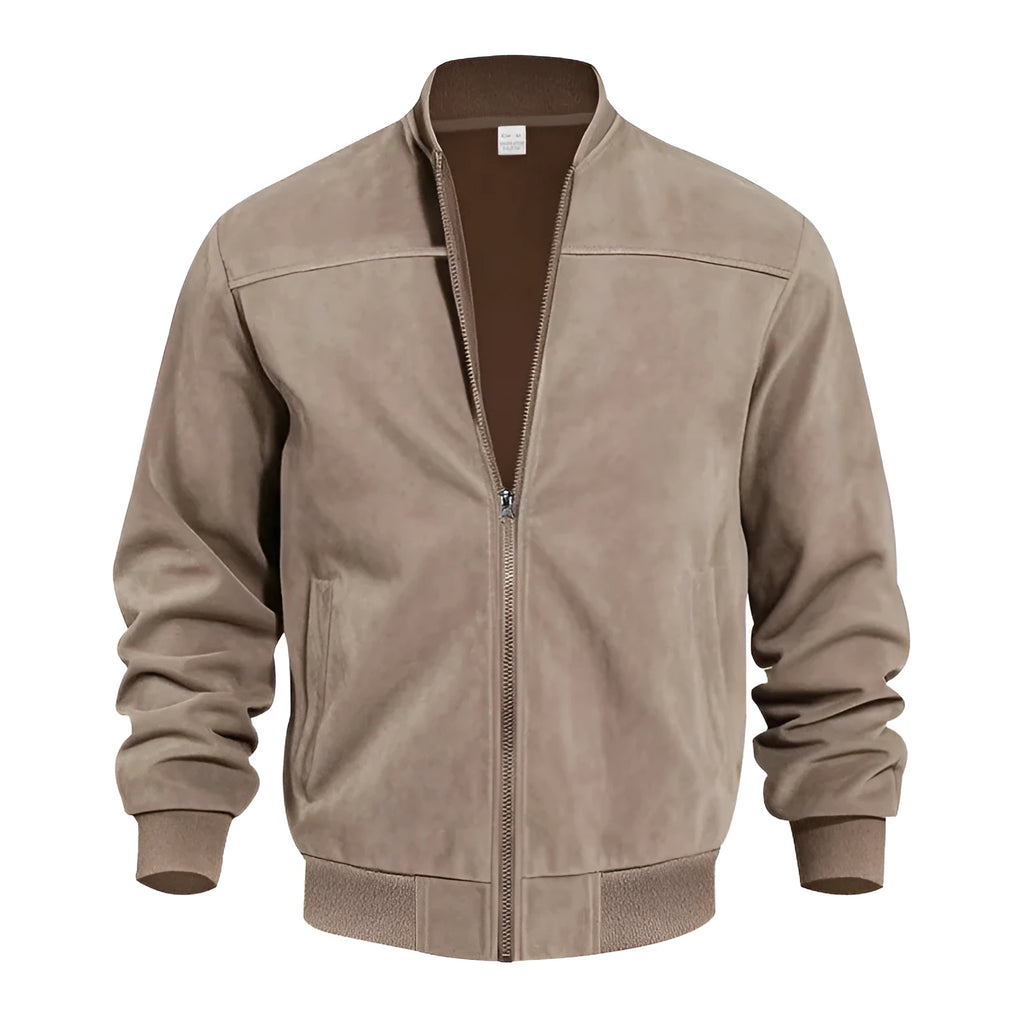 Men's plus size suede casual zip-up jacket in army green on a hanger.