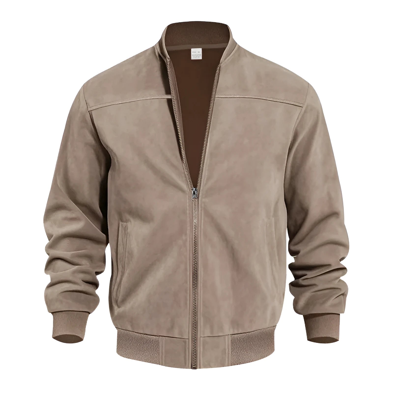Men's plus size suede casual zip-up jacket in army green on a hanger.
