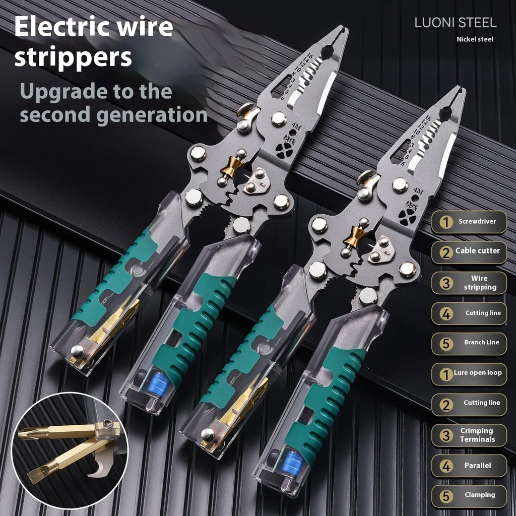 Multi-functional electrician's pliers and wire stripper tool with pointed head and rust-resistant cutting edges.