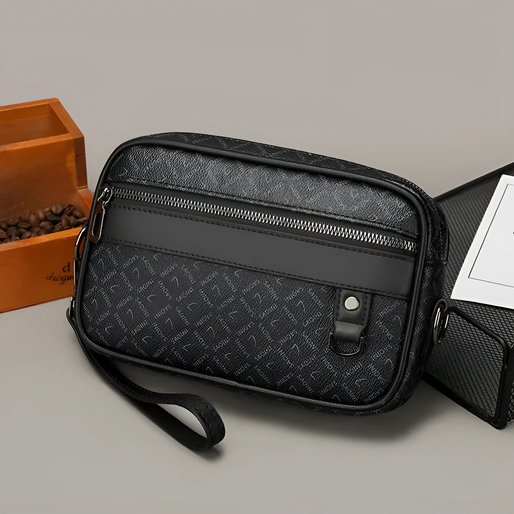 Men's black geometric pattern PU messenger bag with a shoulder strap, shown horizontally.
