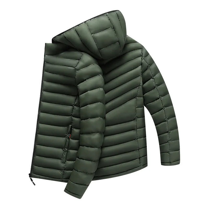 Men's lightweight hooded down jacket in army green with detachable collar and zipper pockets