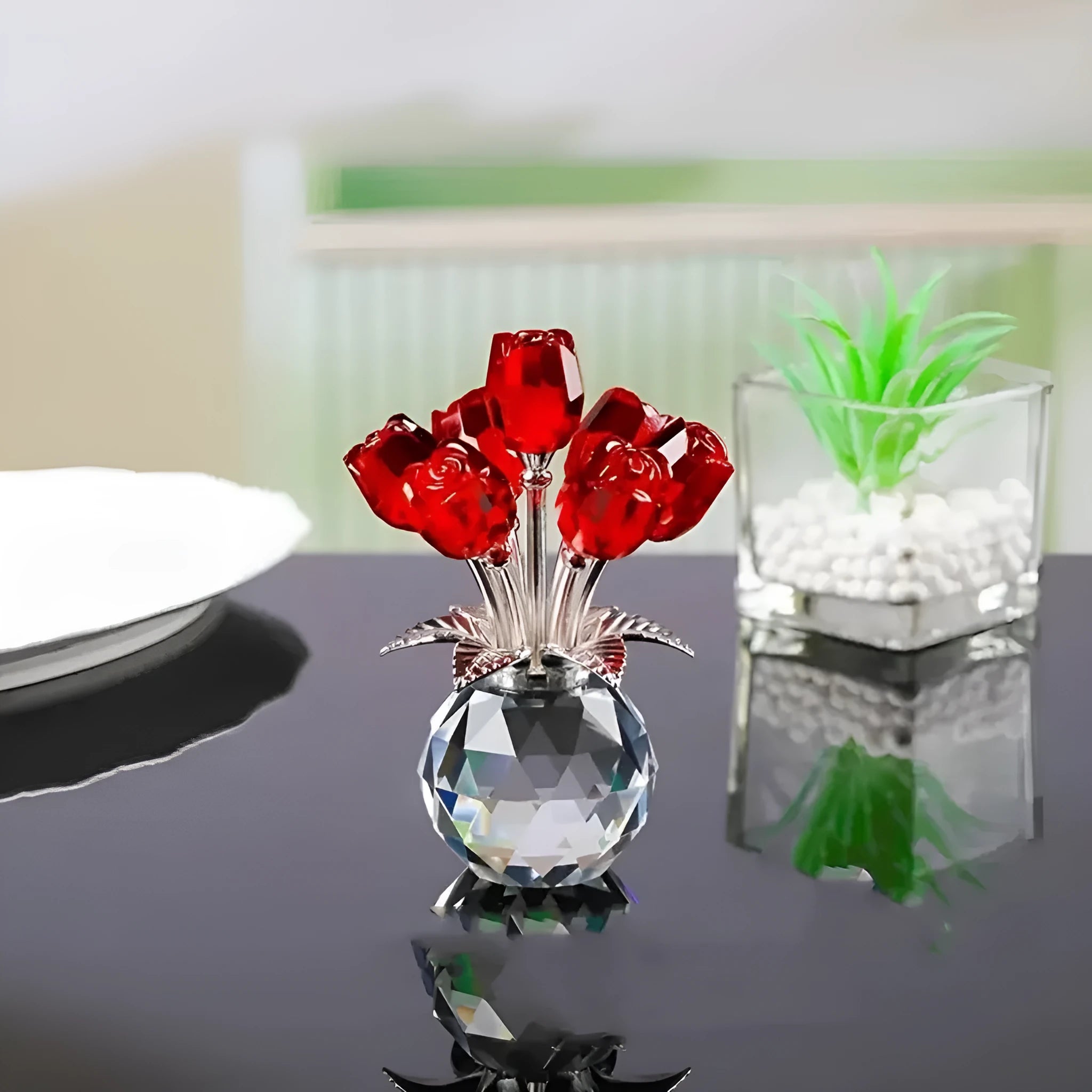 Geometric Chinese style K9 crystal rose ornament in seven colour options including red, blue, and golden yellow