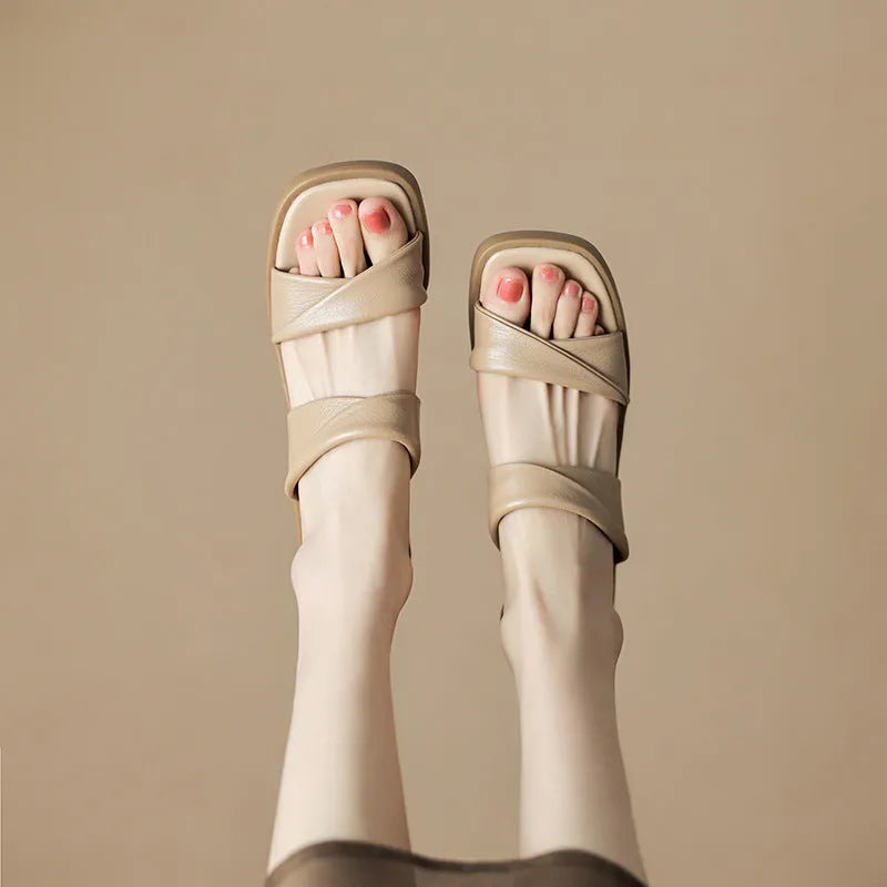 French style women's square toe sandals with rubber sole in nude and white sizes 34 to 40