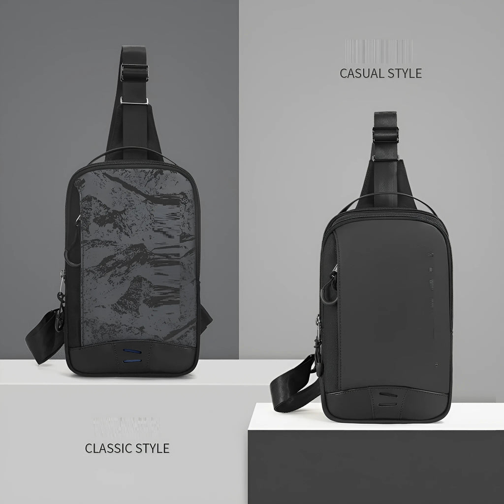 Casual black TPU chest pack with a single shoulder strap, shown in a square vertical shape with a landscape pattern.