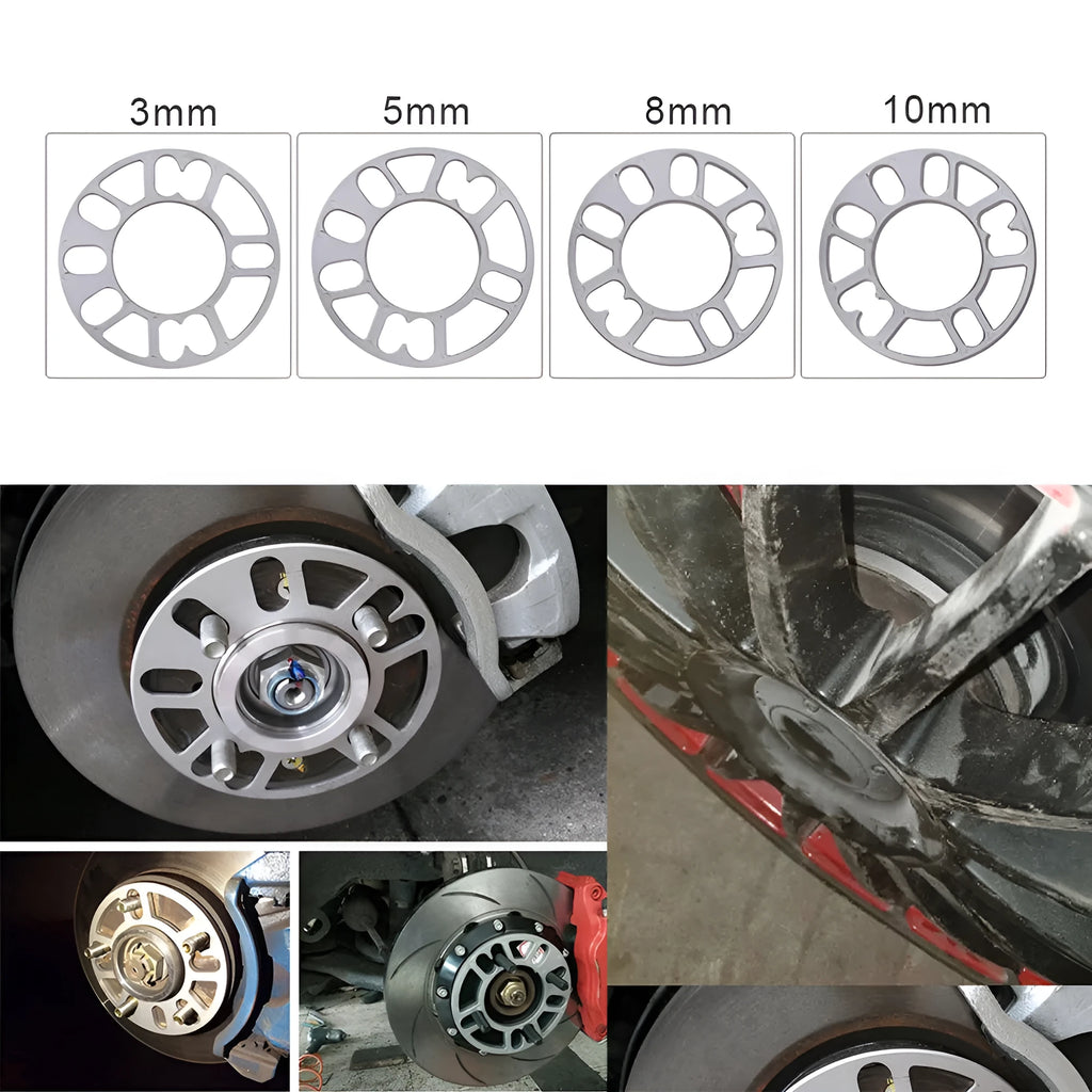 A single, circular metal automotive wheel hub spacer gasket for modifying wheel offset and brake clearance.
