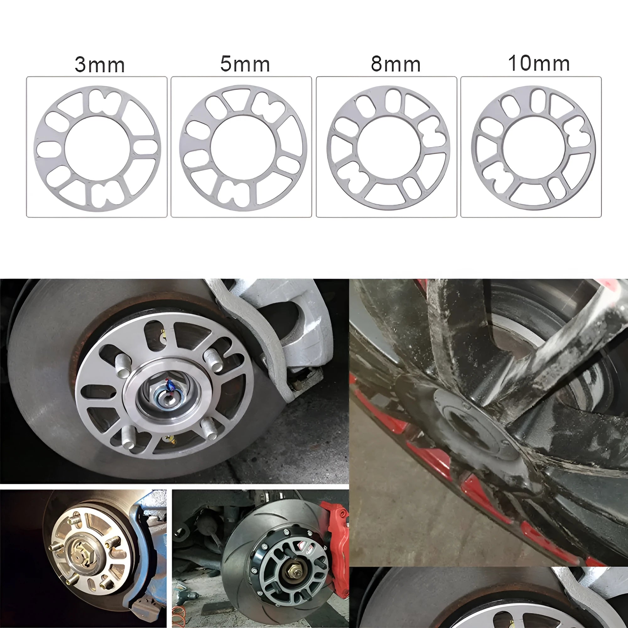 A single, circular metal automotive wheel hub spacer gasket for modifying wheel offset and brake clearance.