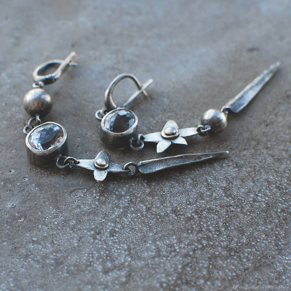Hesheng geometric long drop earrings in antique silver with rhinestones on XINGX pendant