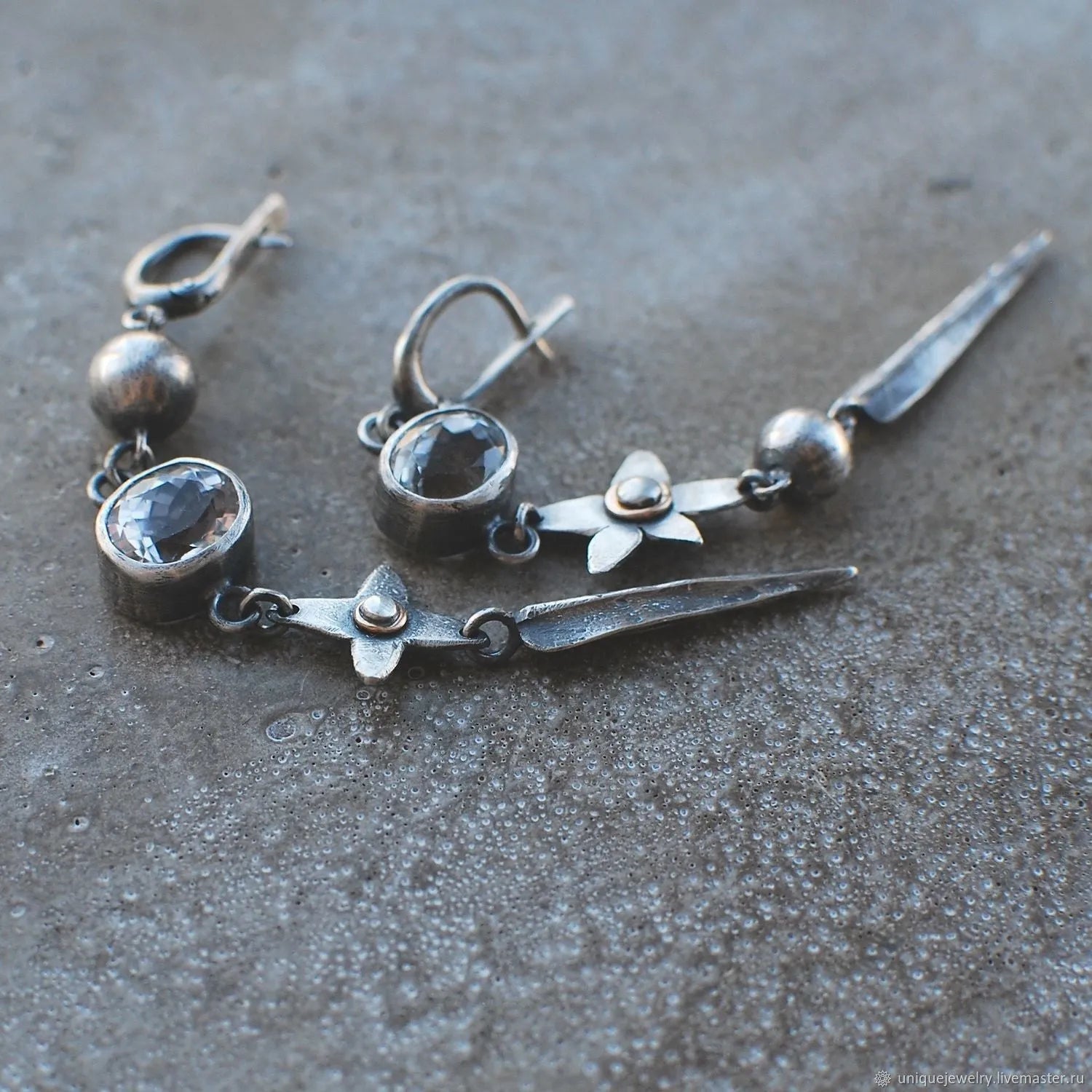 Hesheng geometric long drop earrings in antique silver with rhinestones on XINGX pendant