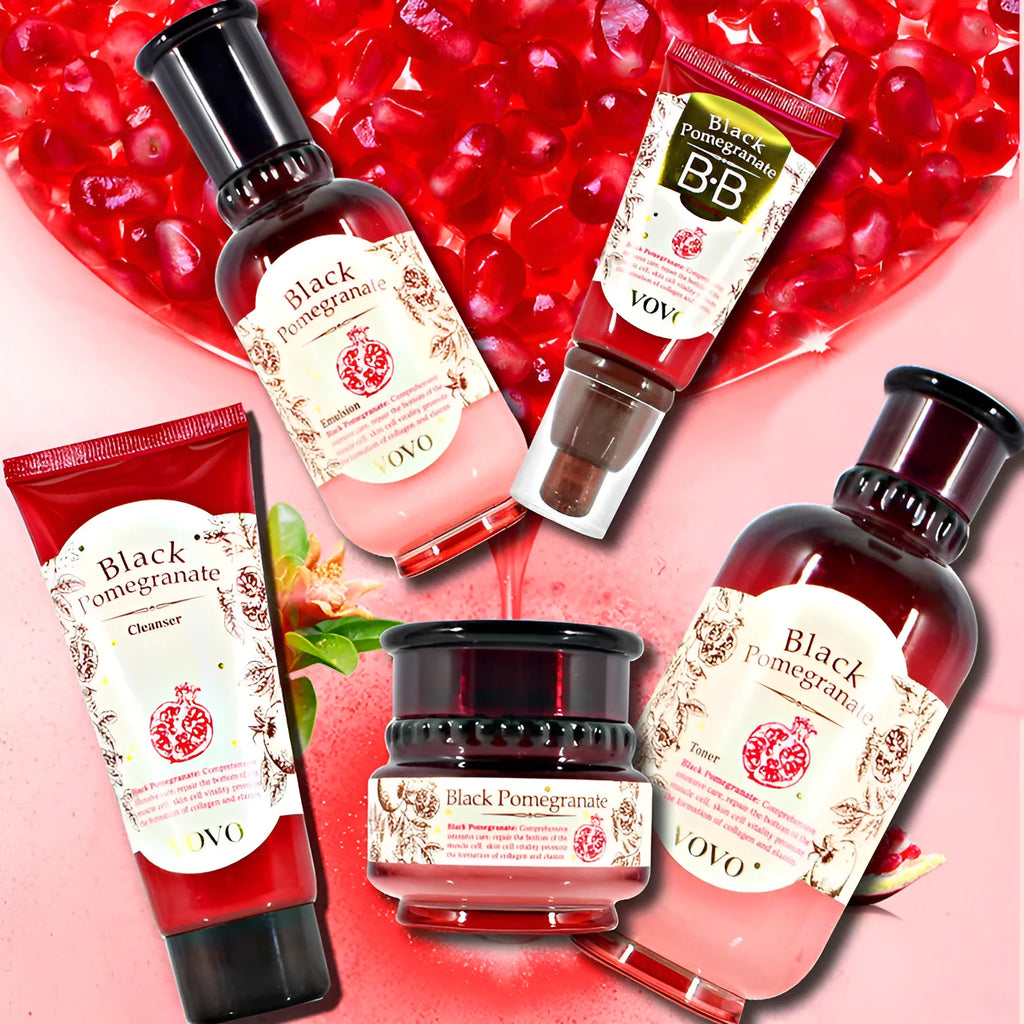 Pomegranate skin care set with six products: water, milk, cream, essence, eye cream and cleanser