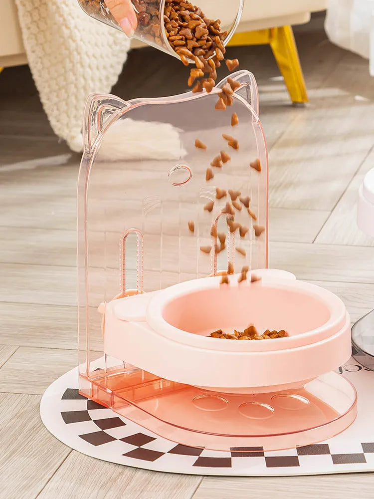 Adjustable height cat feeding bowl with neck protection and anti-spill design in grey colour