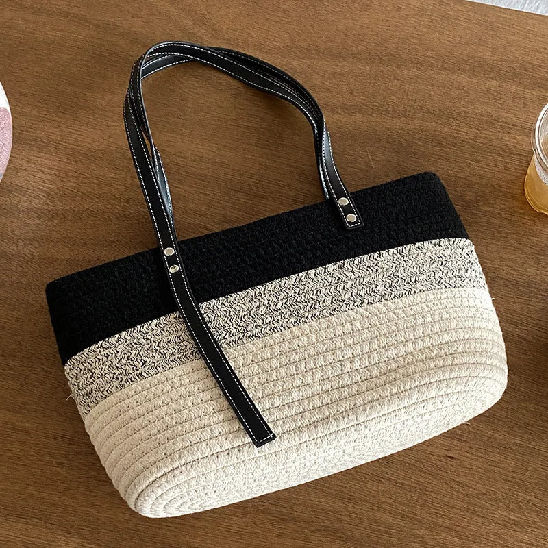 Hand woven cotton vegetable basket beach bag in khaki with double shoulder straps and contrast stitching