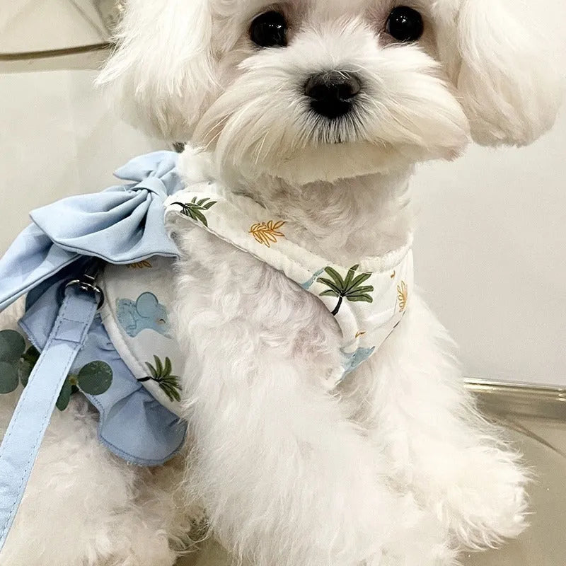 Dog Japanese three-purpose hand holding rope bow half vest style pet harness in Sky Blue on small dog